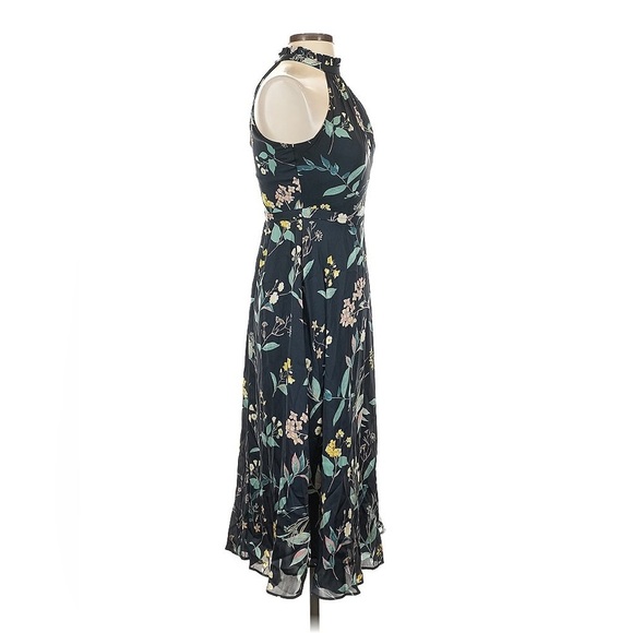 Banana Republic Dress Halter Floral Satin Midi Navy Blue High Neck Ruffle 0P - Picture 7 of 13